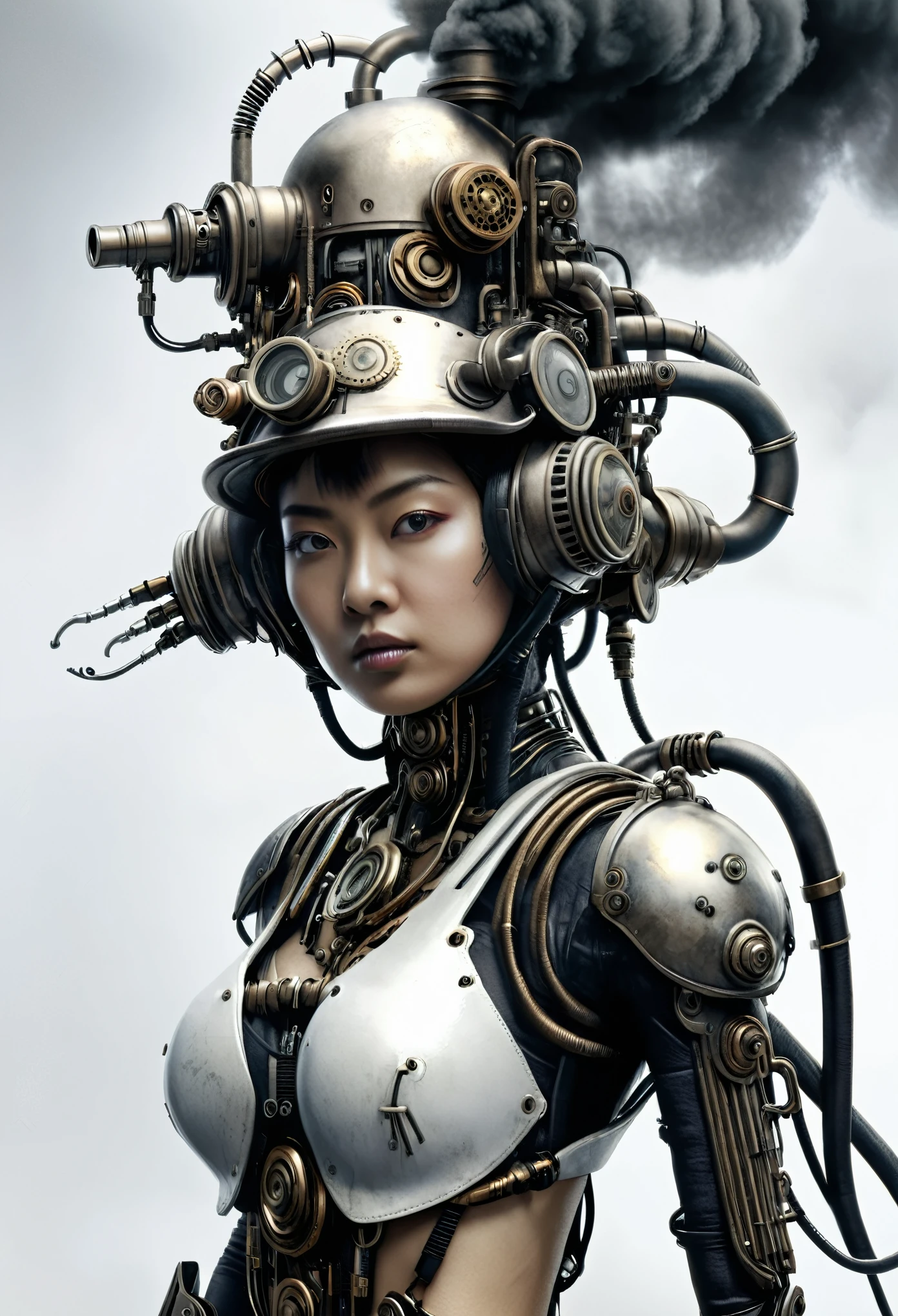 ohwx japanese women, a steam punk cyborg, front view, white background, unreal engine, inspired by HR Giger, half body portrait, highly detailed, photo realistic, cinematic, movie still, captured in the style of Sony Alpha A7 III camera