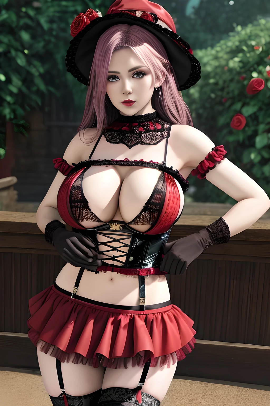 1 girl,BREAK (Royal:1.4), (red and black theme:1.5), ((red) bucket hat with rose corsage:1.4), (fusion of black high neck crop top and latex (red bustier):1.4), ((floral lace, see-through):1.3), ((sleeveless, bare shoulders):1.3), (red tiered skirt with black ruffles:1.4), ((ultra long gloves) with floral lace:1.3), (wrap a (cat garter) around thighs:1.4), outdoor,elegant,nighttime,moonlighe,shiny skin,( huge breasts), lip gloss,tattoos, masterpiece, best quality, realistic ,Surrealism,natural colors art in 8k,soft shadows,High-definition RAW color photos professional portrait photos,solo,  elise,