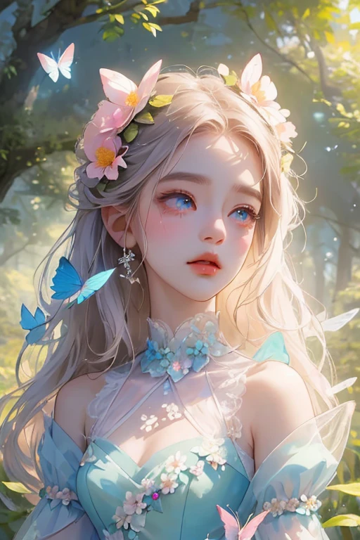 ultra-detailed,(highest quality, masterpiece), One girl, Pause, particle, Wind, flower, bust, Pastel color scheme, Looking at the audience, flower Fairy, forest, butterfly, Delicate facial features,symmetrical eyes, beautiful eyes