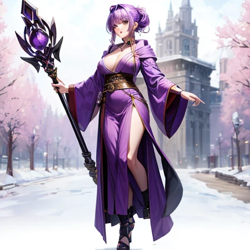 Purple-haired woman in a robe　carrying a big stick