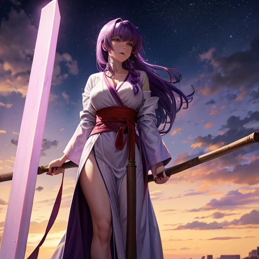 Purple-haired woman in a robe carrying a big stick
