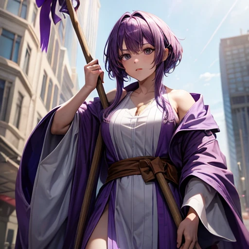 Purple-haired woman in a robe　carrying a big stick