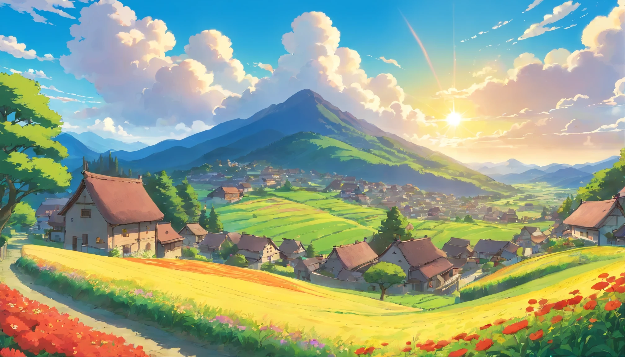 small village in the countryside, field, mountain, tree, flower field, clouds in the sky, The sun shines