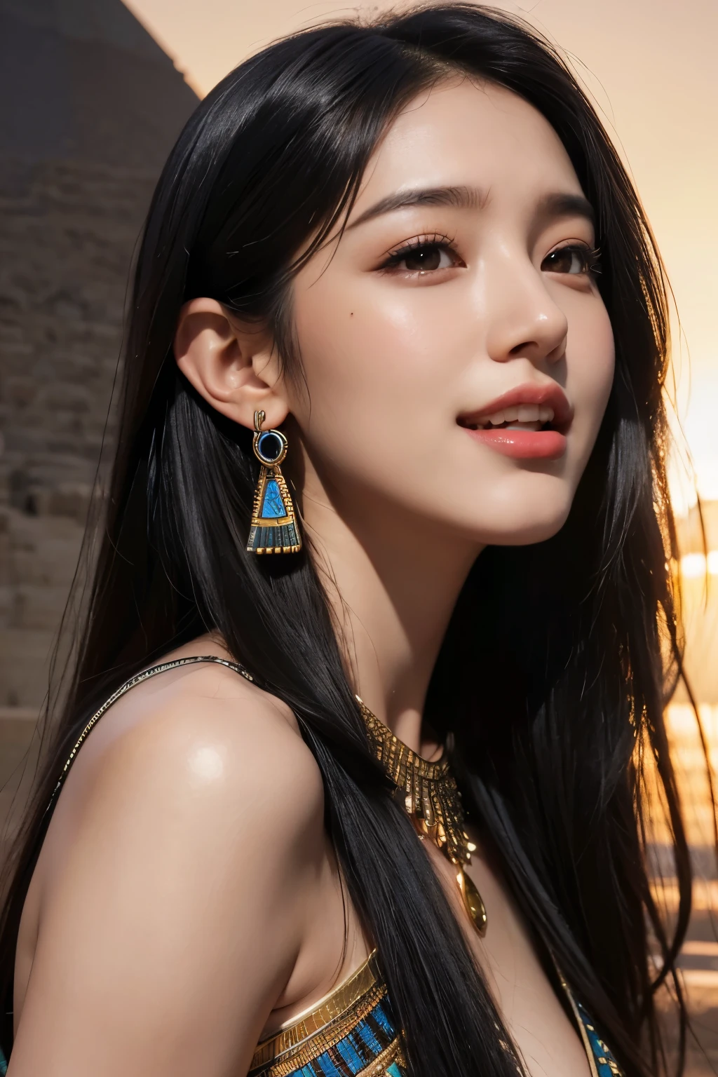 best quality, masterpiece, photo realistic, intric~toe details, RAW photos, Photon Rendering, octane rendering, absurd, very detailed, detailed face, detailed skin, trending on artst~toion, 8k masterpiece, cinem~toic lighting, ( (1 woman)),((alone)),((looking for_~to_viewer)),Trends in CG Society,visual artist,((black long hair)),((Beautiful woman)),(laugh),sexy 원피스, egyptian dress, good,((Egyptian pyramids)),((sexy)),바람to 날리는 머리카락, ((flowing hair)),happy,Fashion Magazines,