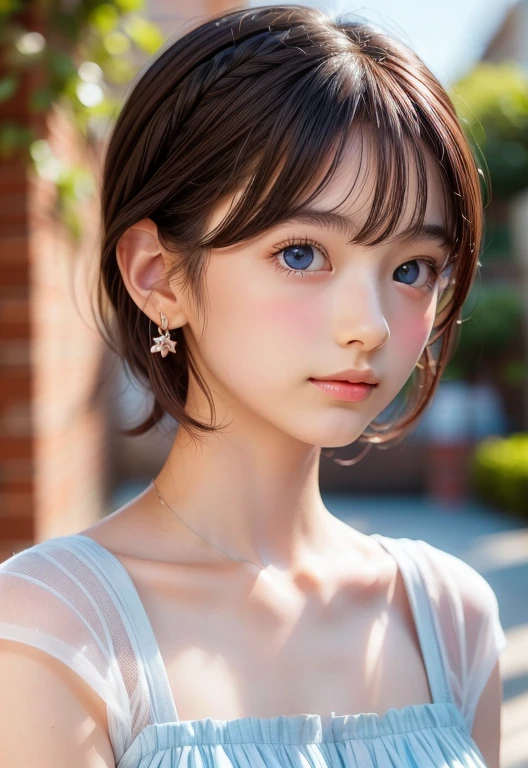 ((SFW: 1.4)), ((Delicate face, Professional photography)), ((SFW, short hair, hair on the temples, Brown hair, Large target, clear sky blue eyes, earrings, 1 girl)), Ultra-high resolution, (Practical: 1.4), RAW photos, best quality, (PhotoPractical Stick), focus, Soft Light, ((15 years old)), (( (Young face))), (surface), (Depth of Field), masterpiece, (Practical), Miss, Bangs,thin braids, ((1 girl))