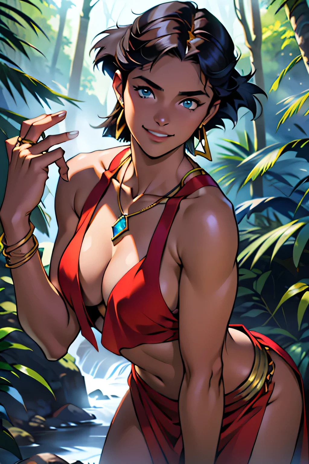 (masterpiece:1.3), (8k, photorealistic, RAW photo, best quality: 1.4), (1girl), ((Nadia)), beautiful face, (realistic face), (black hair, short hair:1.3), beautiful hairstyle, realistic eyes, ((blue eyes)), beautiful detailed eyes, ((Brown Skin)), (realistic skin), beautiful skin, (Height: 155cm, Weight 43kg), (B79㎝, W58㎝, H83㎝), absurdres, attractive, ultra high res, ultra realistic, highly detailed, golden ratio, (Accurate hands and fingers), ((Necklace with blue bipyramid gemstone)), (Gold Ring Earrings), ((smile)), (cowboy shot), BREAK ((Deep in the forest:1.2)), (steam:1.2), ((Front low angle:1.2))