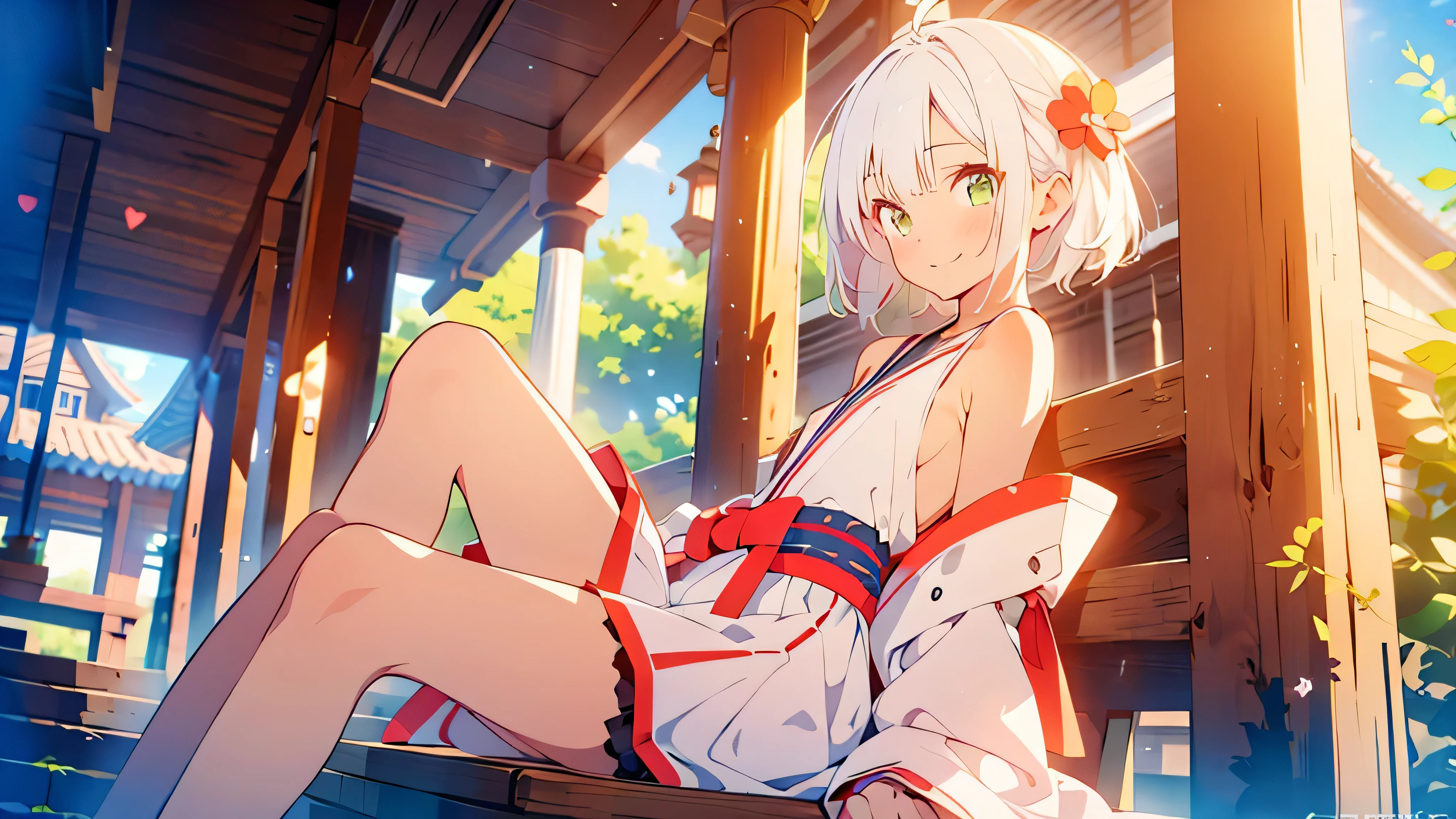 masterpiece, best quality, (((color trace))),looking at viewer,((short stature))
1girl, solo, open eyes,smile, sitting, ((( white hair ))),black panty,green eyes,grim eyes, pigtail, blush, shortcut hair, small breasts, bare shoulders,day,Shrine eaves,kimono,Miko costume,