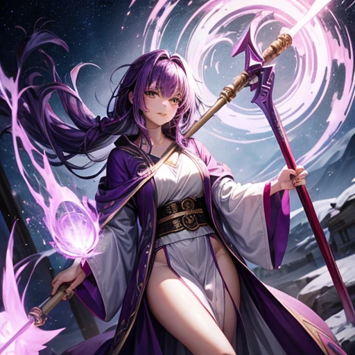 Purple-haired woman in a robe　carrying a big stick