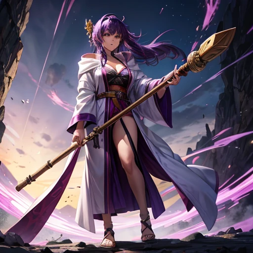 Purple-haired woman in a robe carrying a big stick