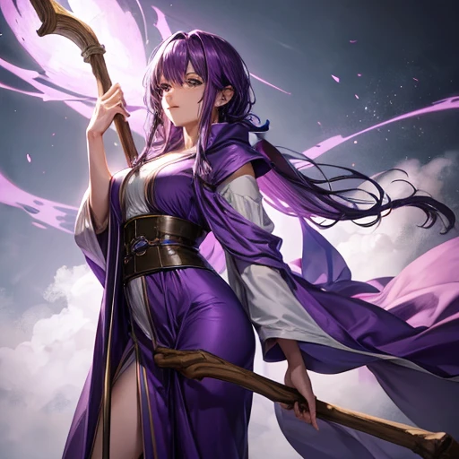 Purple-haired woman in a robe carrying a big stick