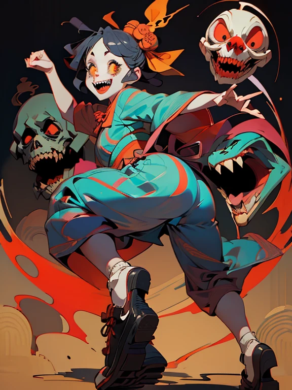 (Brutal horror、Dark and spooky atmosphere)、White and blue outfit、Cute Smile、Mysterious and unsettling atmosphere、A terrifying moment、Unforgettable、Cute ass、Smiling clown、bright red nose、Open costume、Striped shirt、Big shoes、Enthusiastic atmosphere、Mischievous Smile、Expressive gestures、Comical movement、Written by Hirohiko Araki、Ukiyo-e、