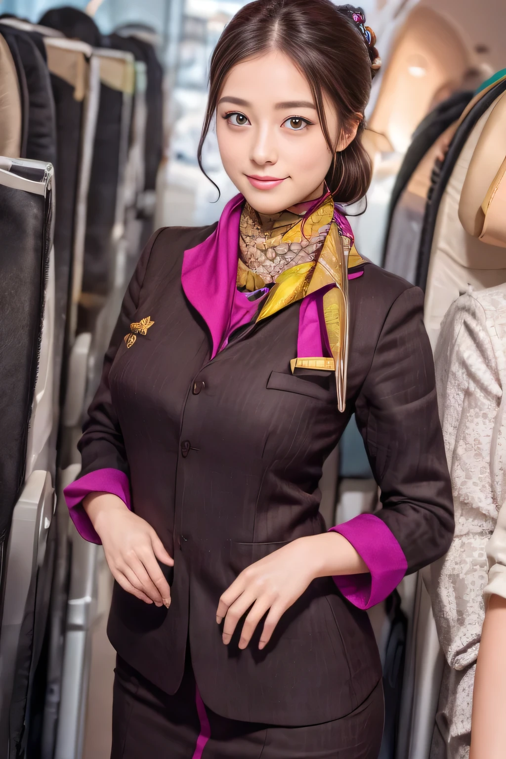 (masterpiece:1.2、highest quality:1.2)、32K HDR、High resolution、(alone、1 girl、Slim figure)、(A realistic reproduction of the ETIHAD Airways Cabincrew Uniform)、 (On board, Professional Lighting)、A proper woman, Beautiful Face,、(Long sleeve ETIHAD Airways Cabincrew Uniform)、(ETIHAD Airways Cabincrew Uniform skirt with purple stripe on the front)、(scarf on chest)、Big Breasts、(Long Hair Up、Hair Bun)、Dark brown hair、Long Shot、((Great hands:2.0))、((Harmonious body proportions:1.5))、((Normal limbs:2.0))、((Normal finger:2.0))、((Delicate eyes:2.0))、((Normal eyes:2.0)))、Beautiful standing posture、smile