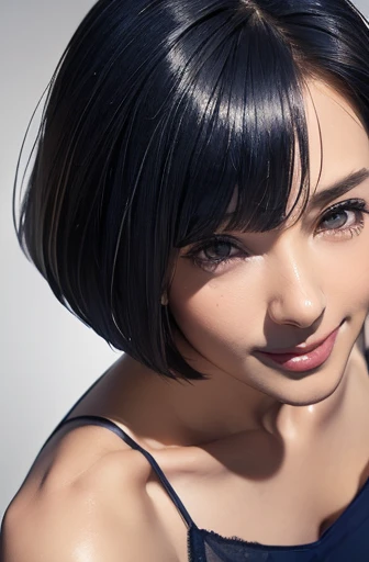 (masterpiece), (8k, best quality, high resolution), (ultra-detailed, realistic), (anatomically correct),  
((from above)), ((look up and see the viewer)), 
((face close-up)), (Standing), (No background),
(1woman),   
(A Japanese woman, 30 years old and 155cm tall.), 
((Create a detailed image of the eye)), 
(((Wear a navy blue tunic camisole))), ((A camisole without decoration.)),  
(black hair), (straight hair), (short hair style), ((bob cut)), 
((mole on right eye)), 
((smile broadly)), 
(Her impression is pure, clean and kind.),
