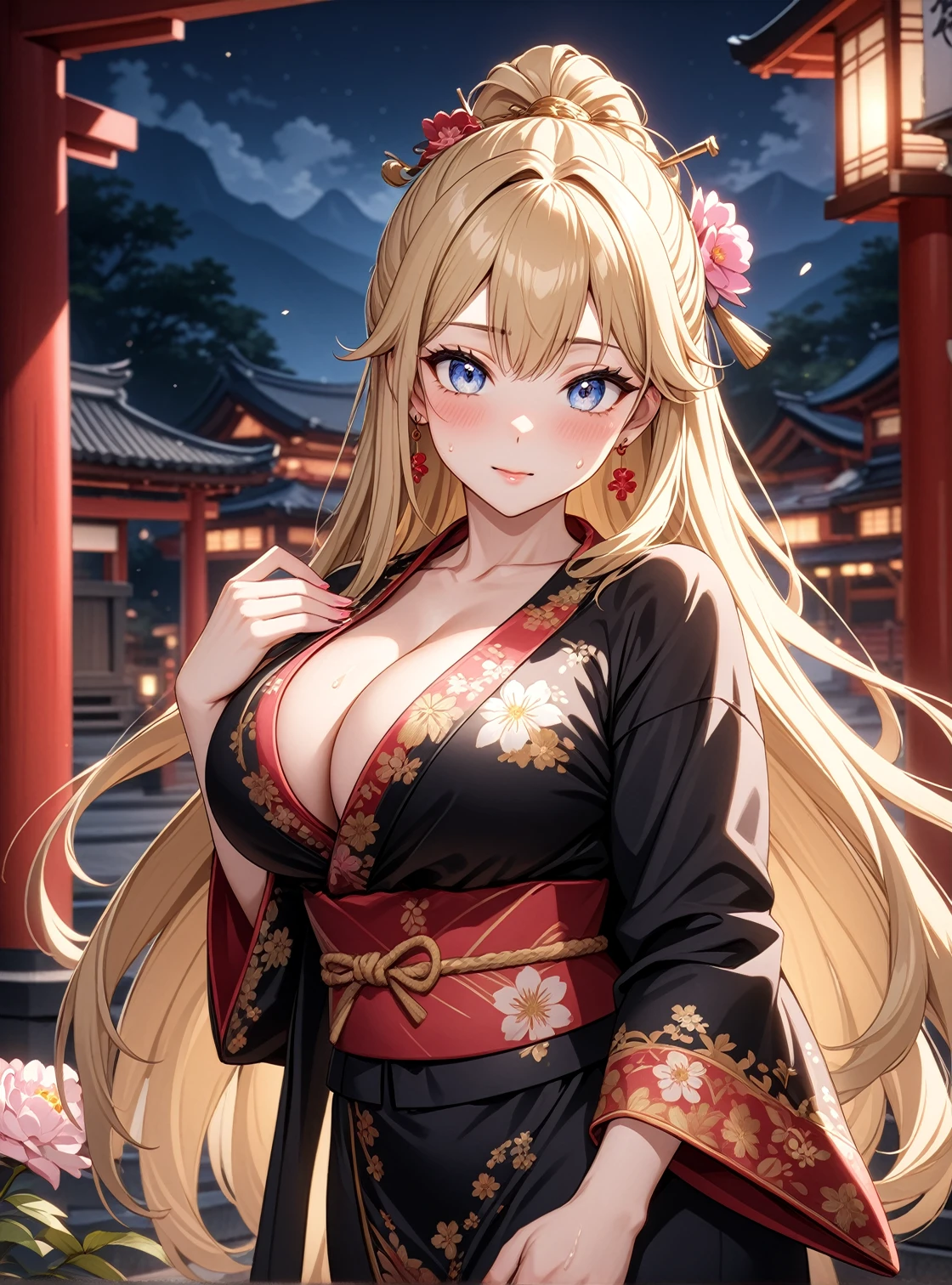 ((One woman)), Beautiful Face,Kind Face,Blushing,Glossy Lips,Abstract, Shrine at night, ((Anime style background)),masterpiece, highest quality, so beautiful, Absurd, up to date, Complex details, Pink long nails,AI-generated, Complex,High resolution, highest quality, super high quality,3D Images、View the viewers、3D Images,one person,Long Blonde Hair,(Hair with dark hairline),High Ponytail,blue eyes,Anime woman posing for a photo, [[Fine grain、Colorful eyes、Shining Eyes:1.15]],(Squint your eyes:1.1),a hyperRealistic , hyperRealistic , Realistic , Blonde anime woman with long hair, Smooth anime CG art, A woman in a colorful kimono with gold embroidery, Floral Yukata,Black kimono,Flower Hair Ornaments,Earrings,(Large Breasts:1.4),Mature Body,Exposed nipples,Sweat all over,tall,Big Ass,Fine details,Trained abdominal muscles,Tilt your face,(Leg spread)