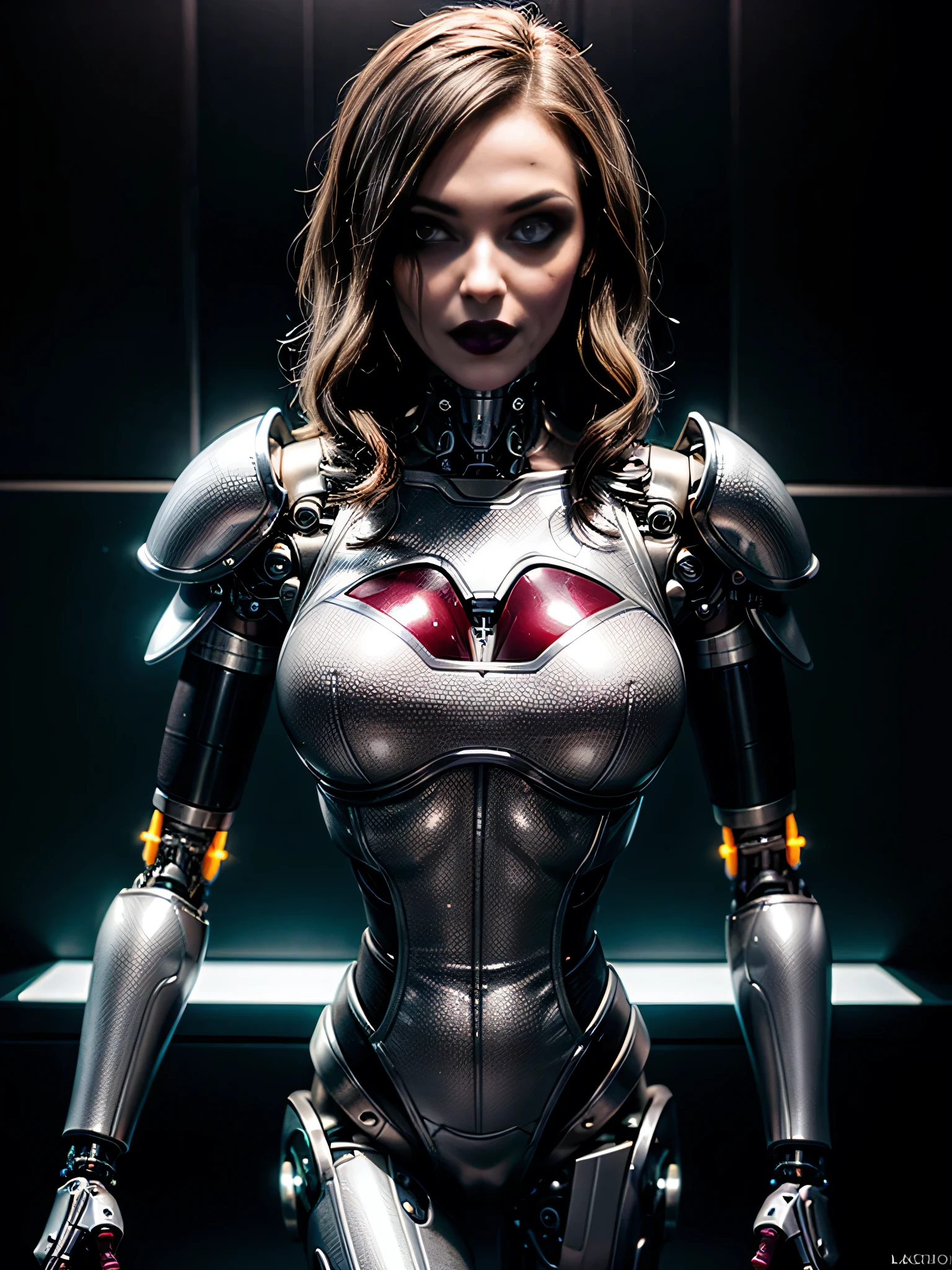 ((best quality: 1.5)) ((masterpiece: 0.8)), intricate details, sharp focus, professional, photorealistic, real life, realistic representation of the face, ((((solo, 1girl) muscular mistress, (albino, albino, mysterious expression, black lipstick, ((cyborg, mechanical arms, cybernetic torso)))))), bright glow, dynamic pose, gorgeous perfect face, in the style of realistic and hyper detailed renderings, zbrush, hyper realistic oil, contoured shading, dark room, dark background, black background, solo, BREAK; BREAK ((((smirking, (blackout gothic eye makeup, wide eyes), wavy dark hair)))), (freckles: 0.9), ((fujicolor, god rays)) BREAK; BREAK (((((futuristic gray maroon lacquered chrome armor)), professional lighting, photon mapping, radiosity, physically based rendering, ultra resolution, photorealistic, hyper-realistic)))