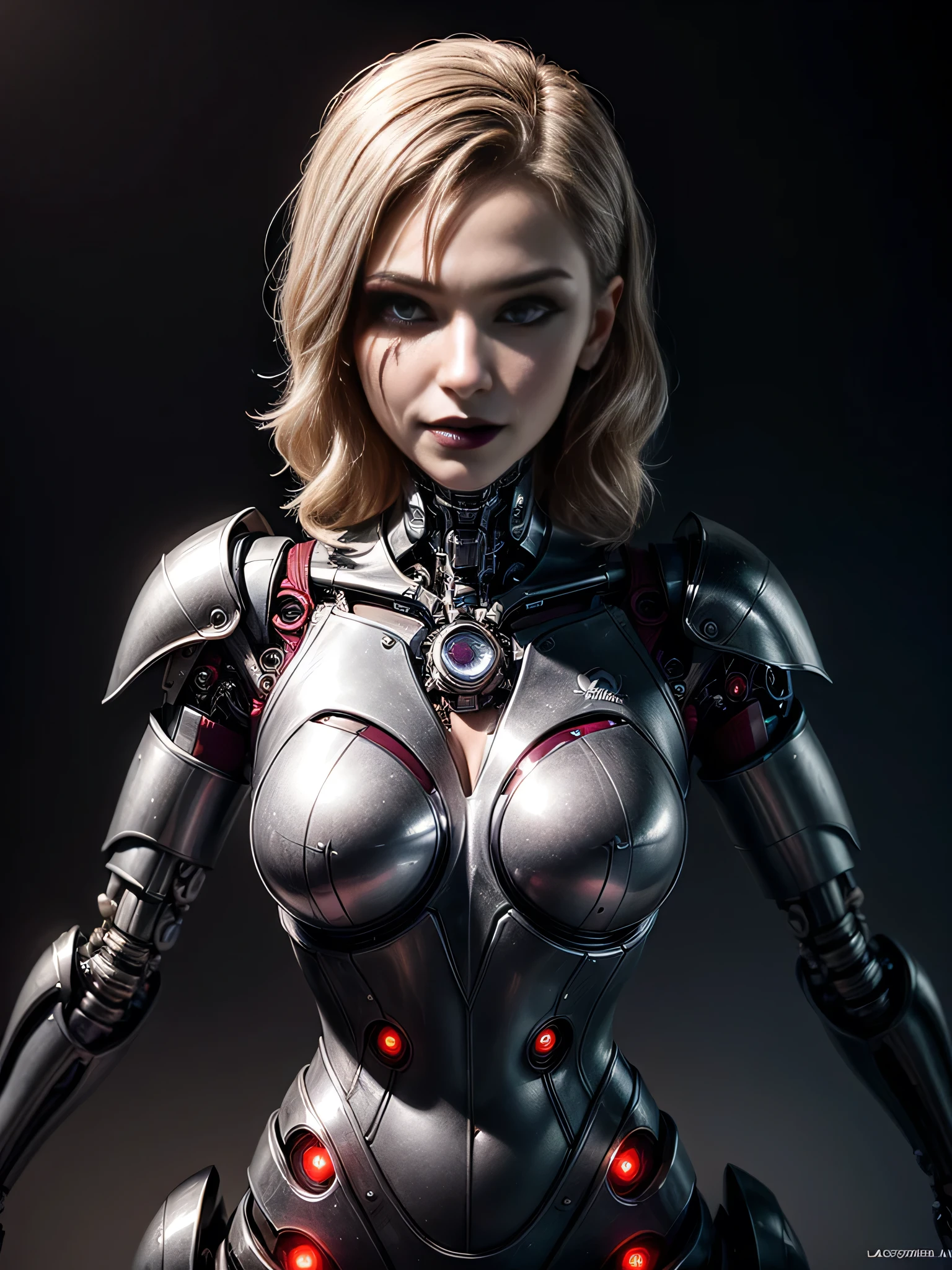((best quality: 1.5)) ((masterpiece: 0.8)), intricate details, sharp focus, professional, photorealistic, real life, realistic representation of the face, ((((solo, 1girl) muscular mistress, (albino, albino, mysterious expression, black lipstick, ((cyborg, mechanical arms, cybernetic torso)))))), bright glow, dynamic pose, gorgeous perfect face, in the style of realistic and hyper detailed renderings, zbrush, hyper realistic oil, contoured shading, dark room, dark background, black background, solo, BREAK; BREAK ((((smirking, (blackout gothic eye makeup, wide eyes), wavy dark hair)))), (freckles: 0.9), ((fujicolor, god rays)) BREAK; BREAK (((((futuristic gray maroon lacquered chrome armor)), professional lighting, photon mapping, radiosity, physically based rendering, ultra resolution, photorealistic, hyper-realistic)))