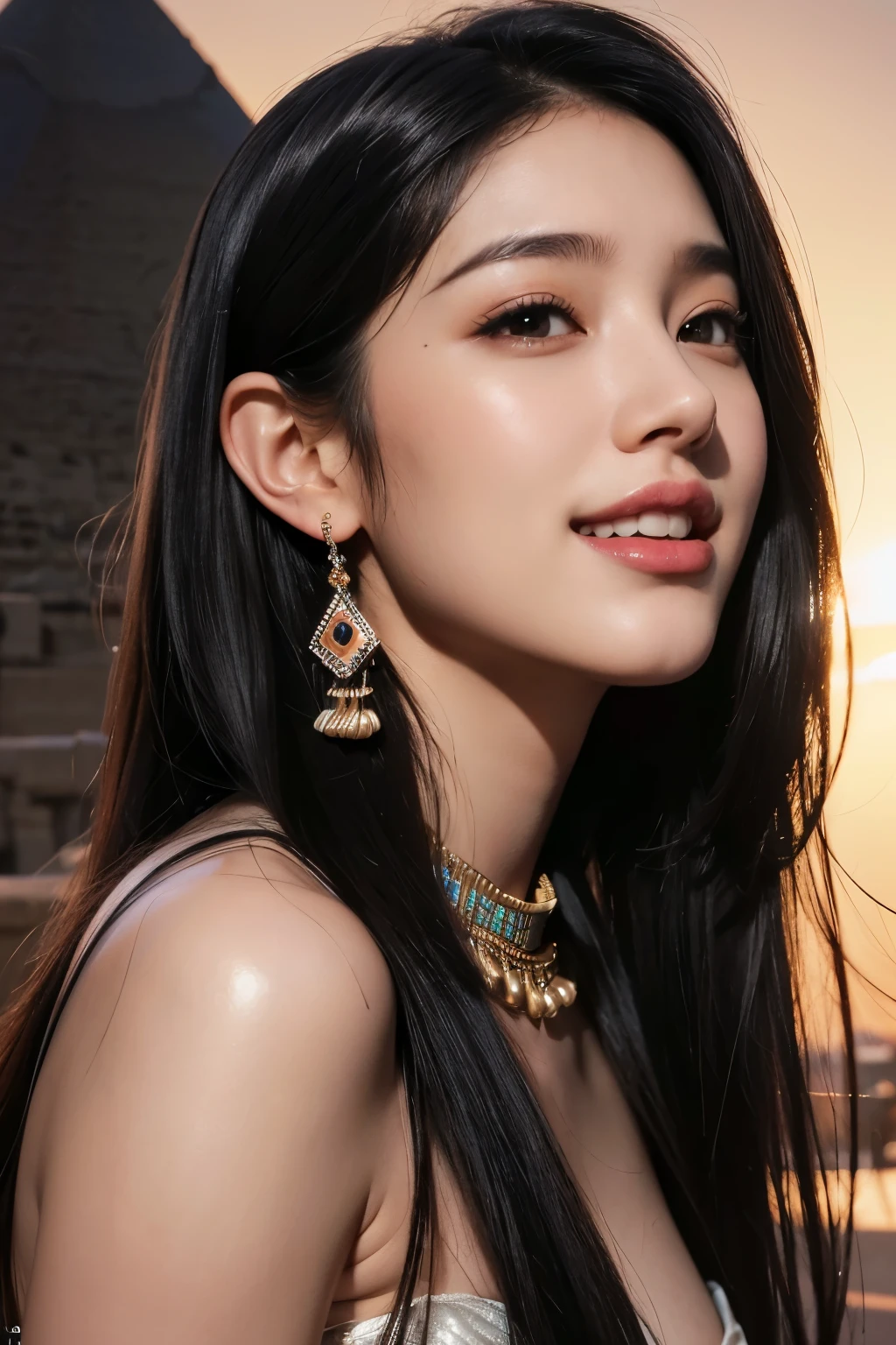 best quality, masterpiece, photo realistic, intric~toe details, RAW photos, Photon Rendering, octane rendering, absurd, very detailed, detailed face, detailed skin, trending on artst~toion, 8k masterpiece, cinem~toic lighting, ( (1 woman)),((alone)),((looking for_~to_viewer)),Trends in CG Society,visual artist,((black long hair)),((Beautiful woman)),(laugh),sexy 원피스, good,((Egyptian pyramids)),((sexy)),바람to 날리는 머리카락, ((flowing hair)),happy,Fashion Magazines, 