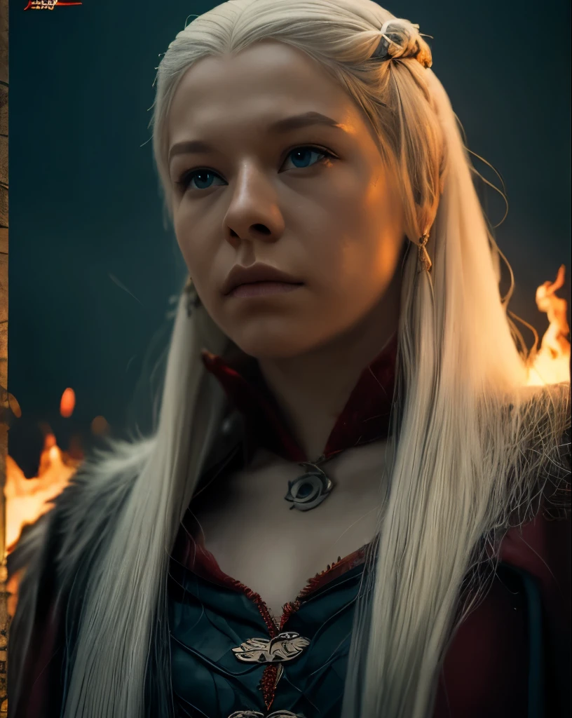 (masterpiece, best quality:1.2),  solo, (((Cinematic heavy metal poster))) of Rhaenyra Targaryen, (master part:1.0), (best quality:1.4), (Ultra Highres:1.2), (photorealistic:1.4), 8K resolution, Canon EOS R5, 50 millimeters, Absurd, Ultra Detailed, sharp focus, Cinematic lighting, detailed face,  (ULZZANG-6500-V1.1), detailed skin texture, pale skin, chest round, (pale :0.5), Cinematic lighting. (((Abstract flames background, cinematic lighting )))