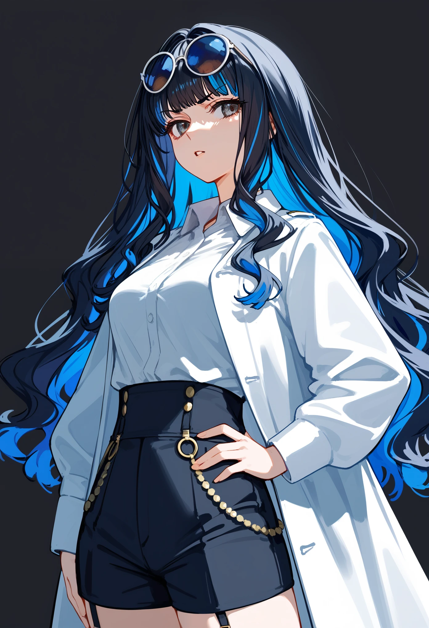 1girl, long hair, multicolored hair, black hair, sidelocks, blue hair, wavy hair, eyeliner, jewelry, round sunglasses, glasses on head, white collared shirt, coat, shorts, garter belt, serious, hand on hip, looking away, parted lips, white background, simple background, masterpiece, score_9, score_8_up, score_7_up
