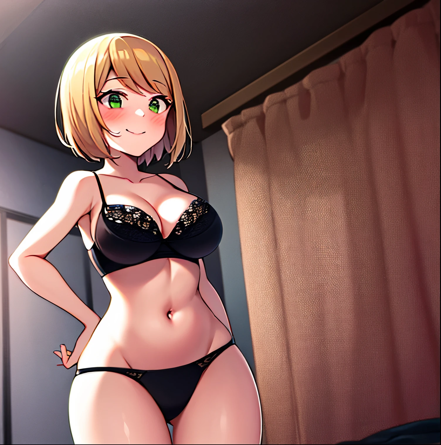 1 girl, alone, desumi magahara, short hair, blonde hair, green eyes, big breasts, medium waist, wide hips, medium thighs, round butt, interior, bedroom, room, pink lingerie, pink thong with black lace, pink bra with black lace, blushing, standing, smiling, embarrassed, smile, alone, dutch angle, looking at viewer, fron behind, point of view (from below), antonia perfection, perfect hands, cowboy shot,