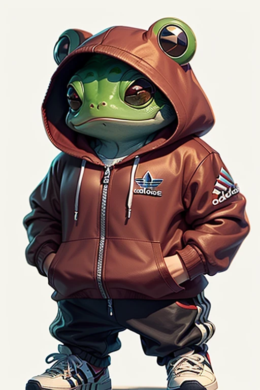 Anime of frog wearing red hoodies from adidas and logo Manchester United football club 、Cute、adidas sneakers(Body hair is green 、Details of the appearance of the frog)