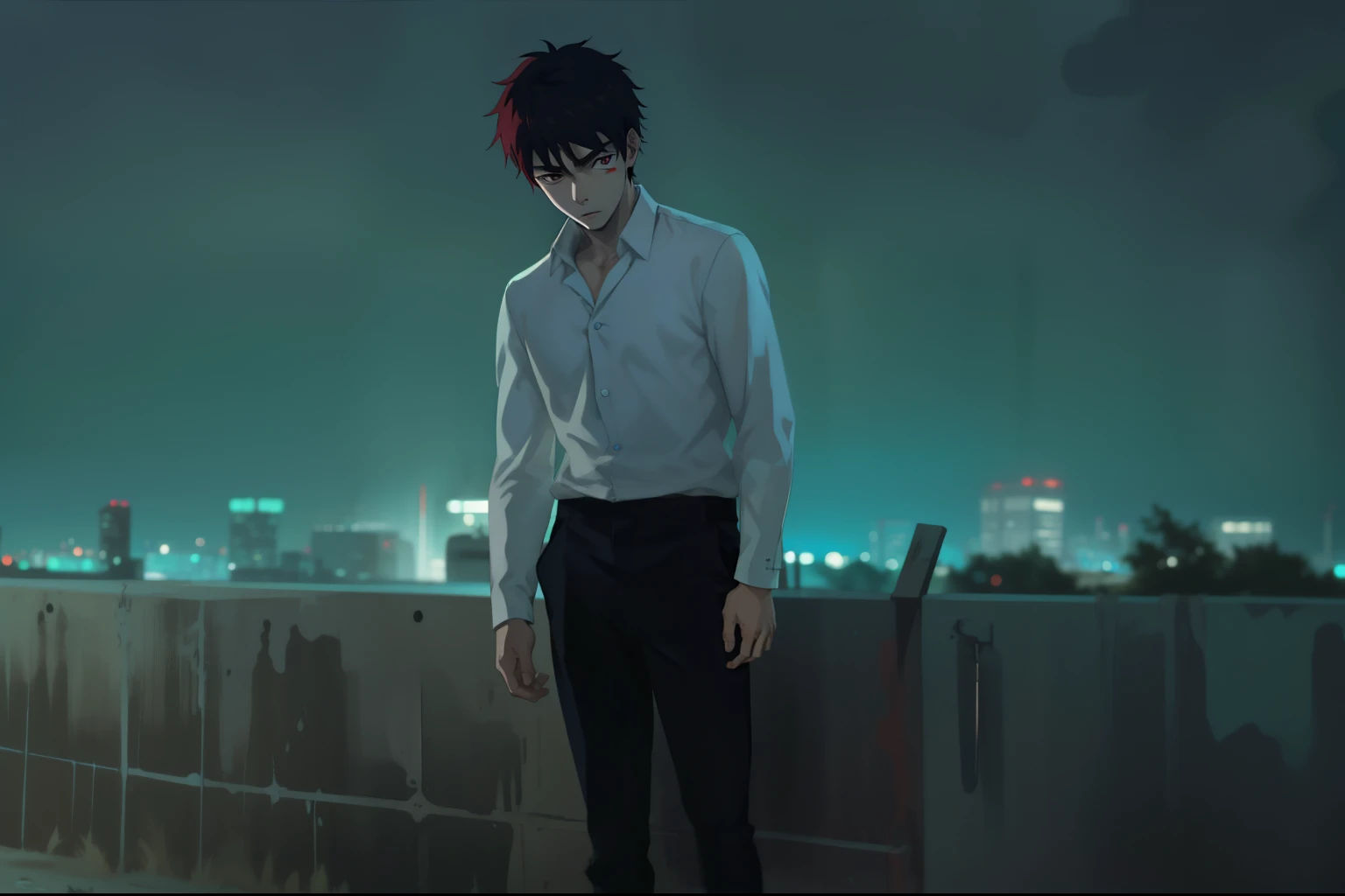 (estilo anime 2d plano) young 17 year old man is scared worried he is scared he has red hair gray eyes