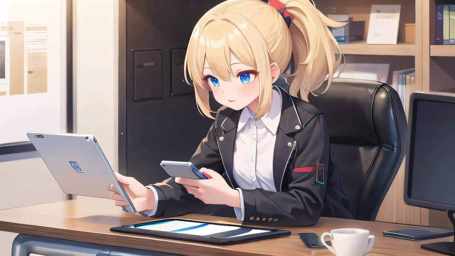 ((highest quality)), ((masterpiece)), (detailed), Perfect Face、office、desk work、blonde、Smooth Hair、ponytail、Black jacket and white shirt、Tablet terminal、
