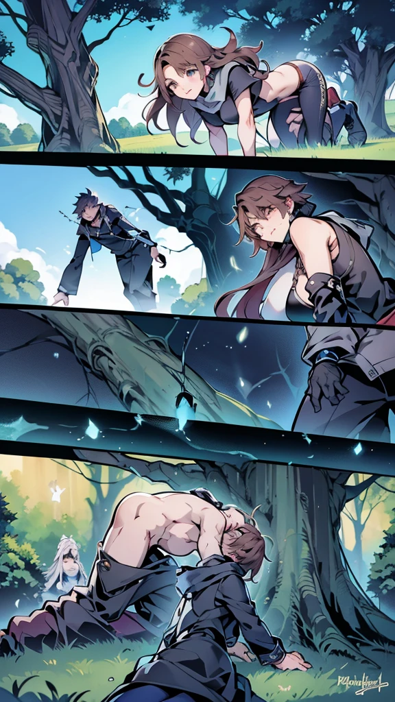 couple of lovers are lying under a huge tree in another world