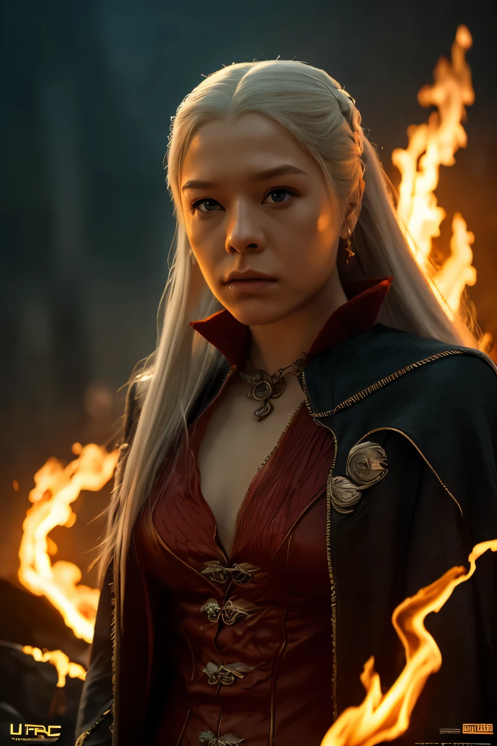 (masterpiece, best quality:1.2),  solo, (((Cinematic heavy metal poster))) of Rhaenyra Targaryen, (master part:1.0), (best quality:1.4), (Ultra Highres:1.2), (photorealistic:1.4), 8K resolution, Canon EOS R5, 50 millimeters, Absurd, Ultra Detailed, sharp focus, Cinematic lighting, detailed face,  (ULZZANG-6500-V1.1), detailed skin texture, pale skin, chest round, (pale :0.5), Cinematic lighting. (((Abstract flames background, cinematic lighting )))