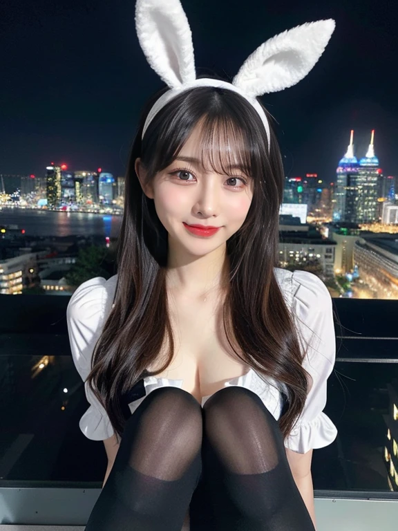 Full body photo、whole、最high quality, masterpiece, 32k、Very detailed、Realistic、1 girl, Japanese women、Cute Face, (photo Actual:1.3), Edge lighting, (Skin with attention to detail:1.2), 8k超High resolution, Single-lens reflex camera, high quality, High resolution, 4K, 8k, Optimal ratio of four fingers to one thumb, (Actual:1.3), smile、ヘニョヘニョしたsmile、自然なsmile、Bunny Girl Costume(Black line design、Bunny Girl Costume、tights)、Sexy High Leg Costume、Leotard costume、Bunny ears headband(Bunny Girl Katyusha)、cute 1 girl, Realistic、standing、Posing for the camera、Realistic、32k、Very detailed、masterpiece, 最high quality, beautiful girl, beauty、 Mecha, Beautiful lighting, Sitting,Cyber Neon、Future City、Skyscraper、City Night、Shanghai、Big cities、Night view、綺麗なNight view