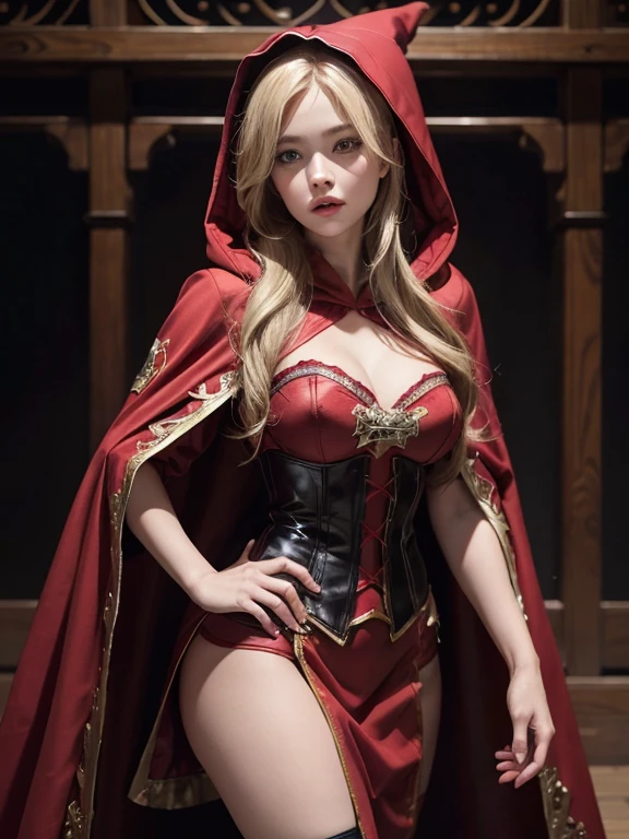 blond woman in a red hoodie and black corset posing for a picture, a portrait inspired by Magali Villeneuve, tumblr, renaissance, thief red riding hood, red hood cosplay, anime girl cosplay, dressed in a beautiful red cloak, red hooded mage, red riding hood, dark red, red dress and magic witch hat, red and black cape and hoodie