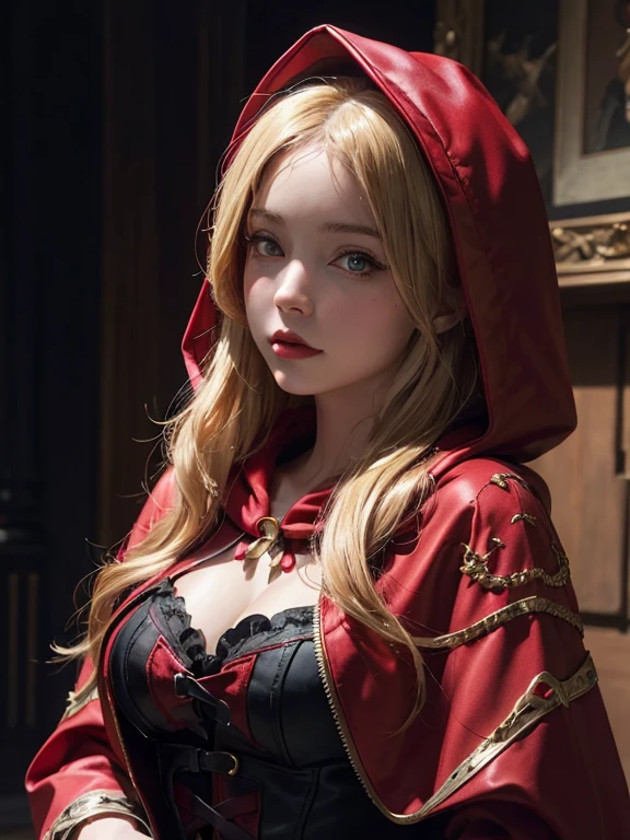 blond woman in a red hoodie and black corset posing for a picture, a portrait inspired by Magali Villeneuve, tumblr, renaissance, thief red riding hood, red hood cosplay, anime girl cosplay, dressed in a beautiful red cloak, red hooded mage, red riding hood, dark red, red dress and magic witch hat, red and black cape and hoodie
