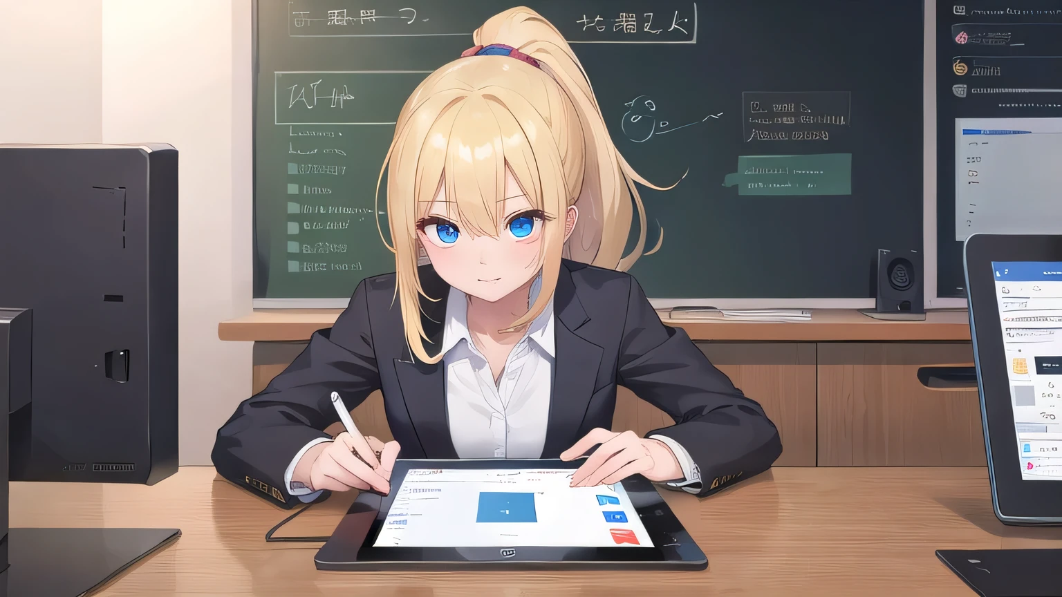 ((highest quality)), ((masterpiece)), (detailed), Perfect Face、office、desk work、blonde、Smooth Hair、ponytail、Black jacket and white shirt、Tablet terminal、