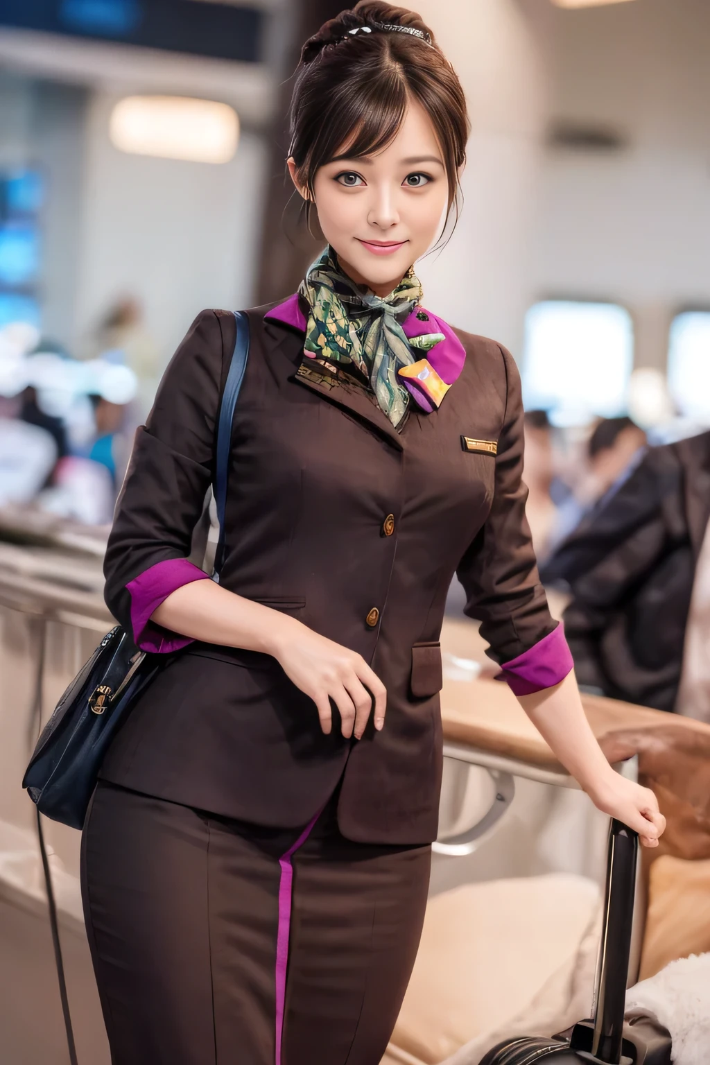(masterpiece:1.2、highest quality:1.2)、32K HDR、High resolution、(alone、1 girl、Slim figure)、（A realistic reproduction of the ETIHAD Airways Cabincrew Uniform）、 (At the airport counter, Professional Lighting)、A proper woman, Beautiful Face,、（Long sleeve ETIHAD Airways Cabincrew Uniform）、（ETIHAD Airways Cabincrew Uniform skirt with purple stripe on the front）、（scarf on chest）、Big Breasts、（Long Hair Up、Hair Bun）、Dark brown hair、Long Shot、（（Great hands：2.0））、（（Harmonious body proportions：1.5））、（（Normal limbs：2.0））、（（Normal finger：2.0））、（（Delicate eyes：2.0））、（（Normal eyes：2.0））)、Beautiful standing posture、smile
