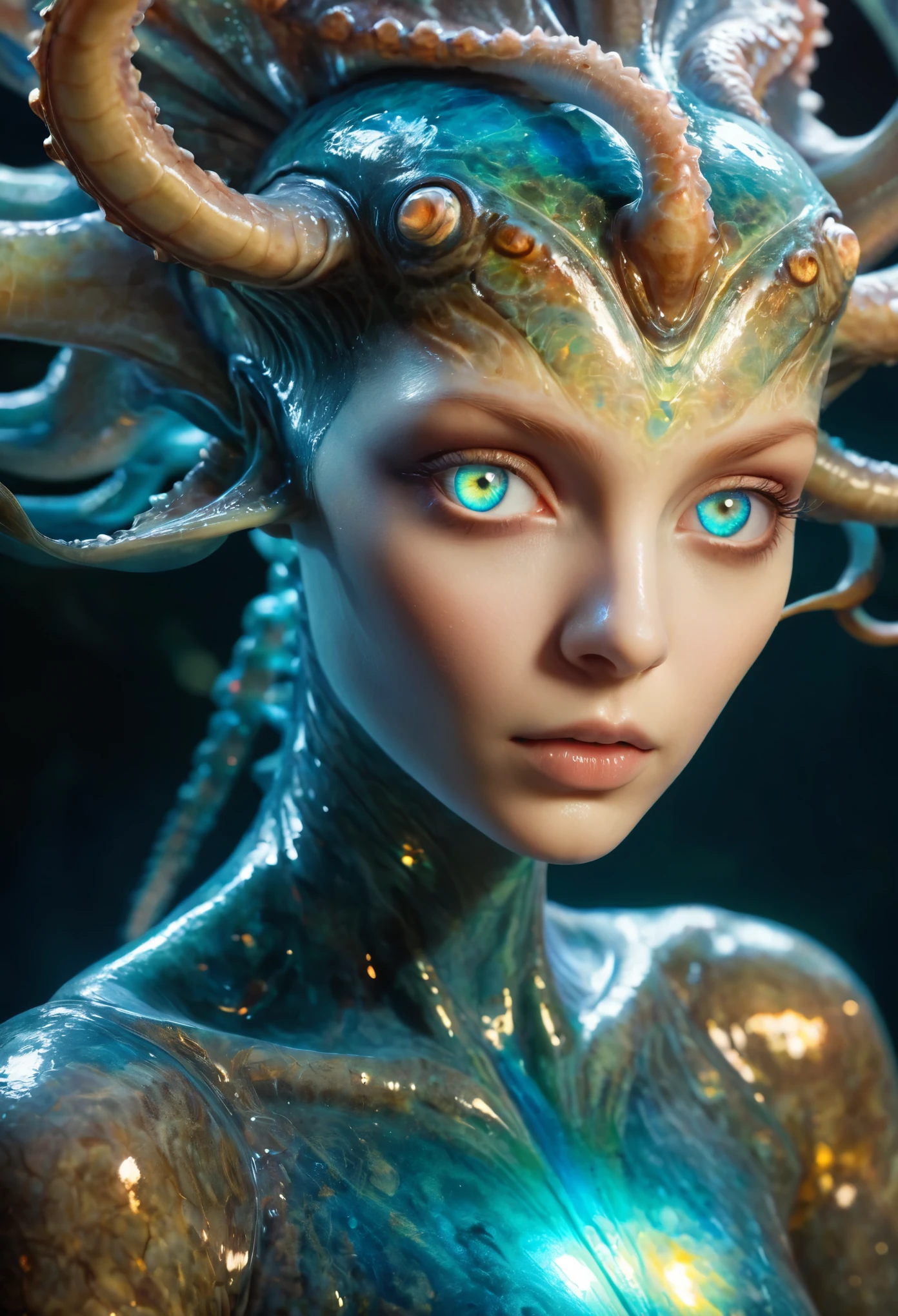 (best quality,4k,highres,masterpiece:1.2),ultra-detailed,(realistic,photorealistic:1.37), (1 beautiful medusa-like female alien who is 18yo:1.8), underwater, vibrant colors, bioluminescence, surreal, grotesque, beautiful detailed eyes, detailed lips, slimy skin, tentacles, intricate patterns, extraordinary creature, unique anatomy, ocean environment, dark abyss, mystifying, mysterious, haunting, eerie, fantasy, hybrid beauty, ethereal, enchanting lighting, With mesmerizing iridescent glowing markings adorning its body, the intricacies of its tentacle parts highlight the rich colors and beautiful soft light. The vast open waters serve as a vivid backdrop, allowing the octopus to soak in every detail, showcasing its Absurd and complex shapes in unparalleled quality. (realistic, hyper-realistic:1.5), thick eyeblows, (superdetailed beautiful opal eyes:1.8), smiling seductively, (no make-up:1.7), (Exoskeleton with beautiful nautilus design:1.8), pale and white skin with visible veins, beautiful nipples, facee paint with nautilus design,