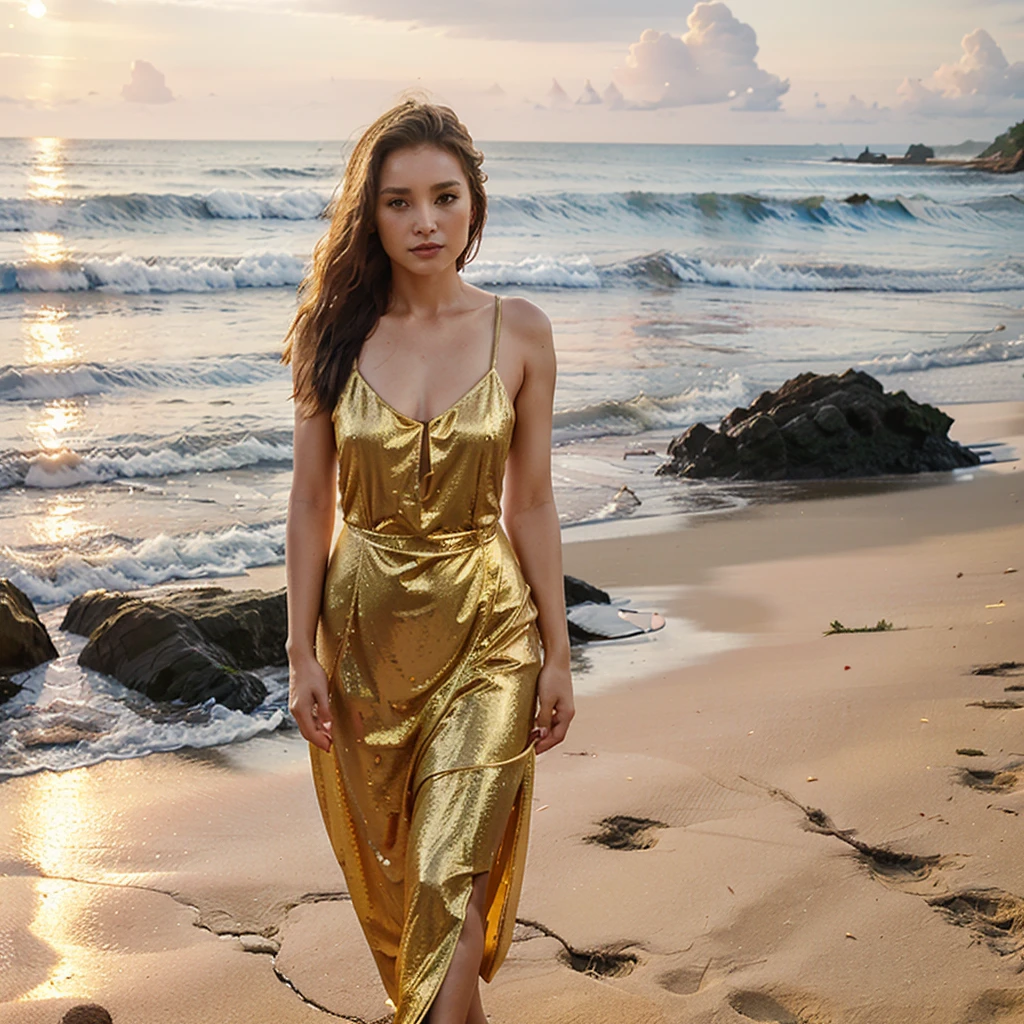 Female supermodel. Taiwan, Kenting National Park beach. Gold evening dress. Sunset