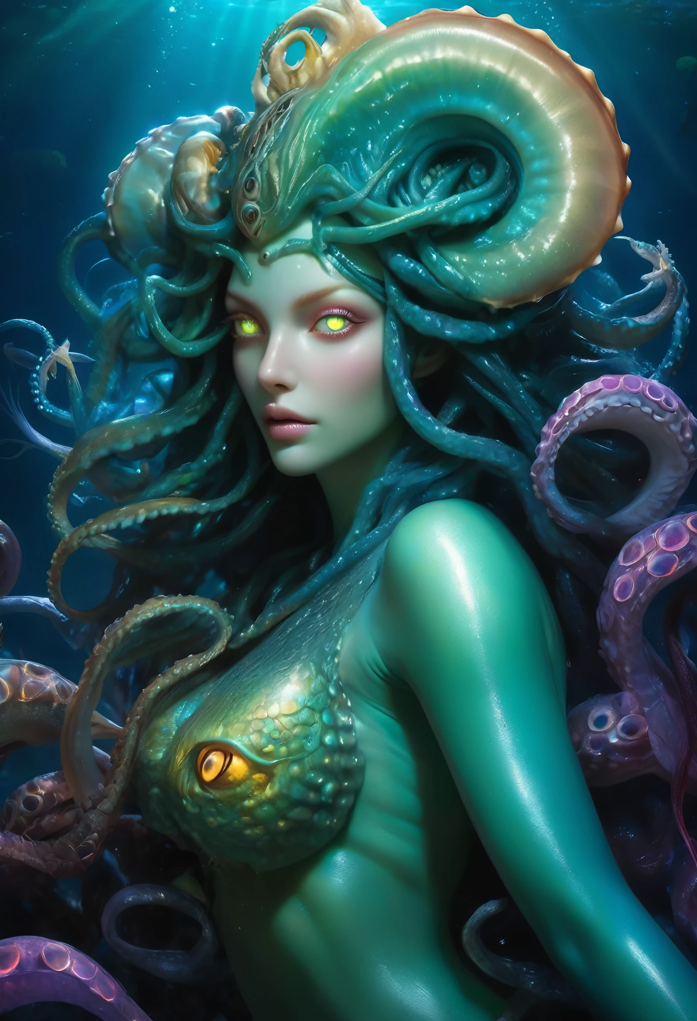 (best quality,4k,highres,masterpiece:1.2),ultra-detailed,(realistic,photorealistic:1.37), (1 beautiful medusa-like female alien who is 18yo:1.8), underwater, vibrant colors, bioluminescence, surreal, grotesque, beautiful detailed eyes, detailed lips, slimy skin, tentacles, intricate patterns, extraordinary creature, unique anatomy, ocean environment, dark abyss, mystifying, mysterious, haunting, eerie, fantasy, hybrid beauty, ethereal, enchanting lighting, With mesmerizing iridescent glowing markings adorning its body, the intricacies of its tentacle parts highlight the rich colors and beautiful soft light. The vast open waters serve as a vivid backdrop, allowing the octopus to soak in every detail, showcasing its Absurd and complex shapes in unparalleled quality. (realistic, hyper-realistic:1.5), thick eyeblows, (superdetailed beautiful opal eyes:1.8), smiling seductively, (no make-up:1.7), (Exoskeleton with beautiful nautilus design:1.8), pale and white skin with visible veins, beautiful nipples, facee paint with nautilus design,