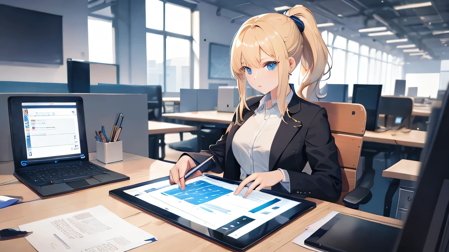 ((highest quality)), ((masterpiece)), (detailed), Perfect Face、office、desk work、blonde、Smooth Hair、ponytail、Black jacket and white shirt、Tablet terminal、