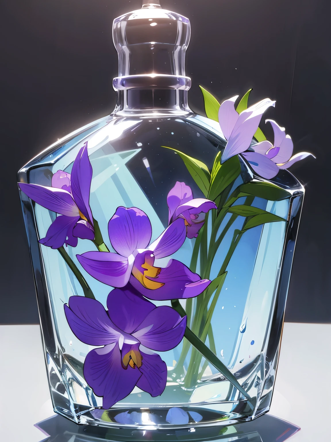 perfume bottle，Glass Bottle，bottle，flowers，enclose，France，French，Purple，green，Iris，Bell orchid