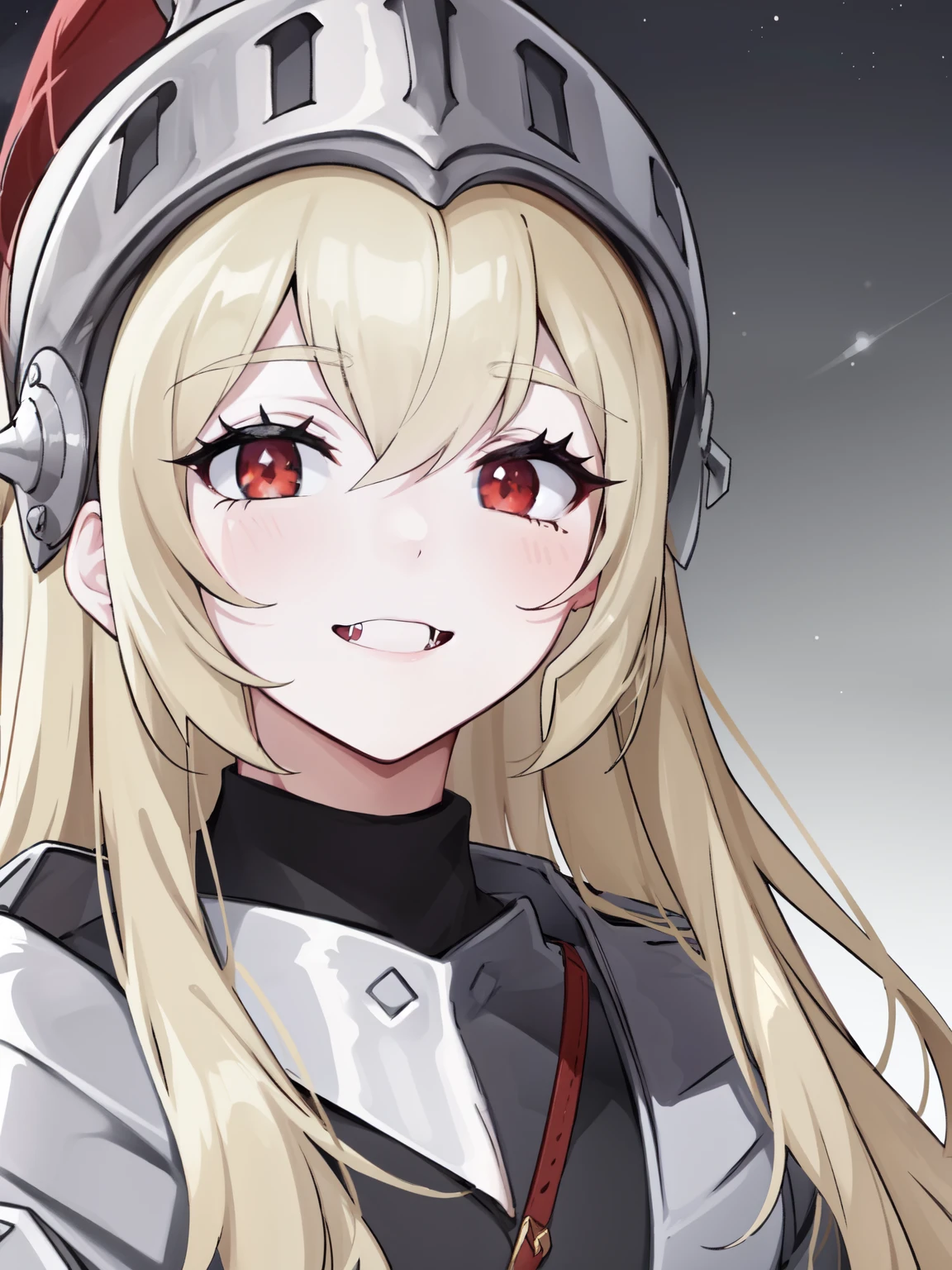 lineart, 1girl, female_knight_(guardian_tales), platinum blonde hair, red eyes, long hair, knight helmet, light smile, black dress, casual clothes, pale skin, vampire, fangs, close-up, nighttime