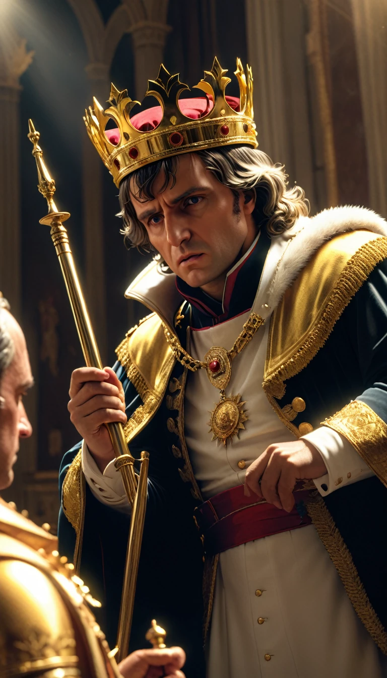 Create an image showing Napoleon Bonaparte dramatically nailing the crown from the pope's hands and crowning himself during a major debate, digital UHD (64k) image, cinematic film still dramatic side lighting, dramatic intense stare closeup portrait,  hdr,  shallow depth of field, vignette, highly detailed, high budget Hollywood film, cinemascope, moody, epic, gorgeous
, Highly detailed and clean, Photorealistic and cinematic masterpiece, professional photography, realistic, realism, 200k , Raytracing and light effect , gold magic, gold efect, digital, perfect composition, beautiful detailed intricate insanely detailed octane render trending on artstation, 8 k artistic photography, photorealistic concept art, soft natural volumetric cinematic perfect light, award - winning photograph, masterpiece, raphael, caravaggio, greg rutkowski, beeple, beksinski, giger