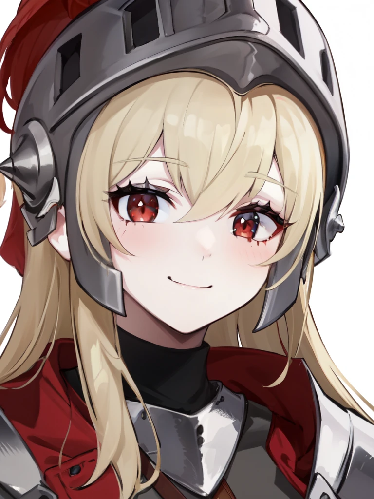 lineart, 1girl, female_knight_(guardian_tales), platinum blonde hair, red eyes, long hair, knight helmet, light smile, black dress, casual clothes, pale skin, vampire, fangs, closed mouth, close-up