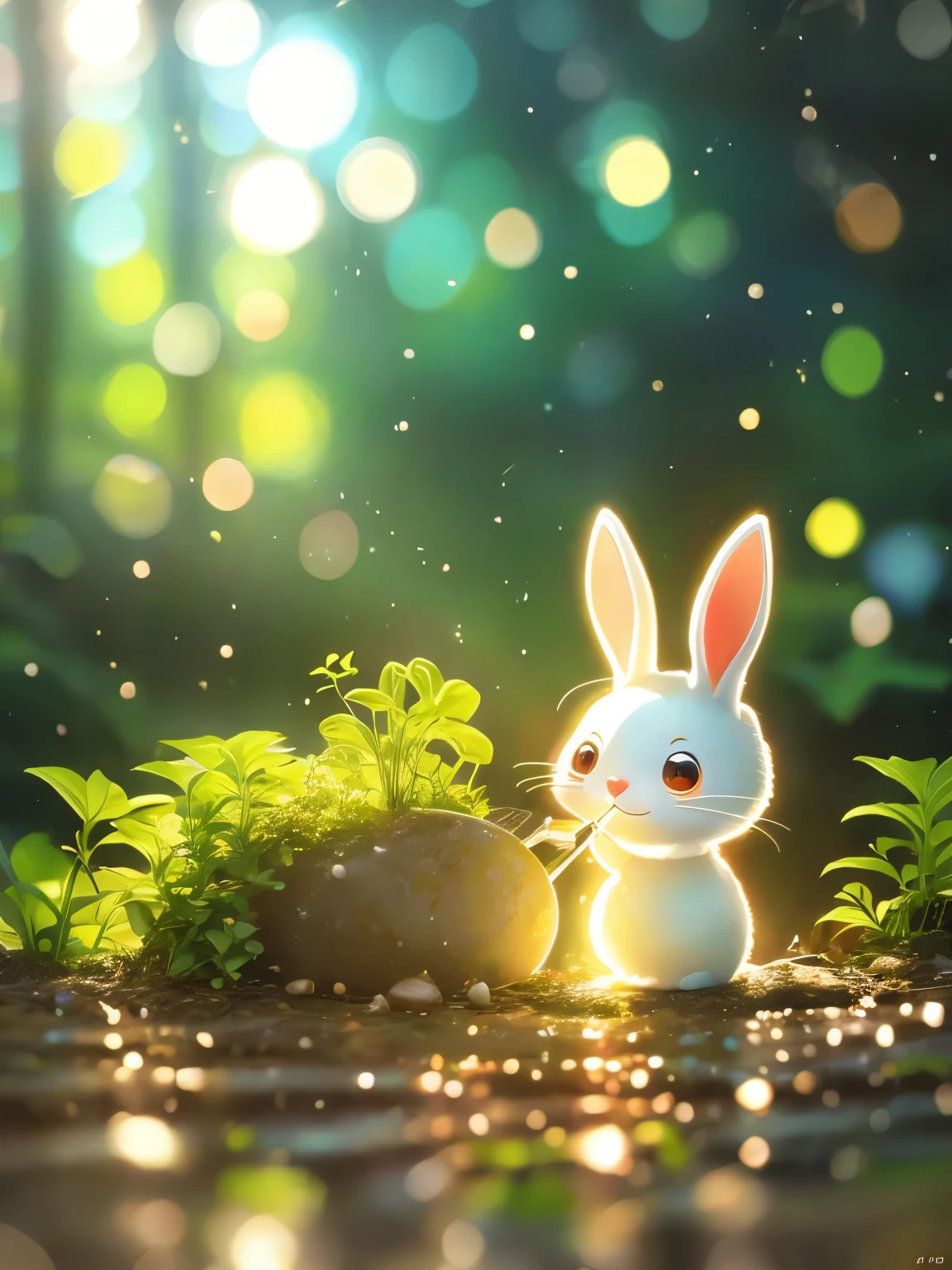 masterpiece, Macro shot of a rabbit drinking water in the forest, night, mushroom, Dew Drops, High contrast, Studio Ghibli style, very complicated, Very detailed, Realistic style