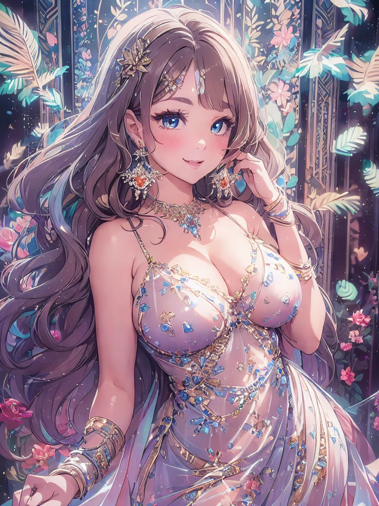 Woman, Looking at the audience, Attractive breastal curves、bubble、Full Body Shot,Nightgown, Charming smile, Thick lips, Plump Lip, blush, Looking at the audience, Provocative expression, Beautiful Hairstyles, Cleavage, plu Hips、Attractive face、Mischievous face、Sexy Lingerie、An invig gaze、Expressing emotions、colored feather, Money Decoration, particle, Light, (masterpiece, highest quality, highest quality, Official Art, beautifully、aesthetic:1.2), (1 girl:1.3), Very detailed,(Fractal Art:1.1),(colorful:1.1)(Flowers:1.3),Most detailed, (Dynamic pose), (Shiny skin), (Many colors :1.4), ,(Earrings:1.4), (feather:1.4),masterpiece,Mr.々Hair style,Money Headband,Tulle covers the chest,Perfect balance, Detailed details of the garment,marble,cinematicLighting, Film Grain, contrast of Light and dark,High detail,(((Gorgeous Accessories))))、Openwork decoration,(((See-through dress)))、(((Anatomically correct body))) ,1 girl, (High resolution), (8k), (Very detailed), Perfect Face, Beautiful eyes and face, (((highest quality))), (Very detailed), Detailed face and eyes, Beautiful Eyes,(((Sexy pose))),Beautiful E、Transparent double eyelids、(((Super gorgeous background)))、Bright Eyes,Money,diamond,gem,Body Chain,Luxury Accessories,beautifully、aesthetic,flower、(((Super gorgeous background)))、Bright Eyes