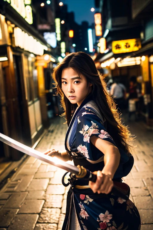 (((Holding a sword)))、(((Tears running down my cheeks)))、Beautiful Japanese Supermodel Women, Hair with subtle highlights, Iris, sexy，Street background，Gorgeous kimono （Floral）, Backlit shooting，perfect face lighting，Mixed Media