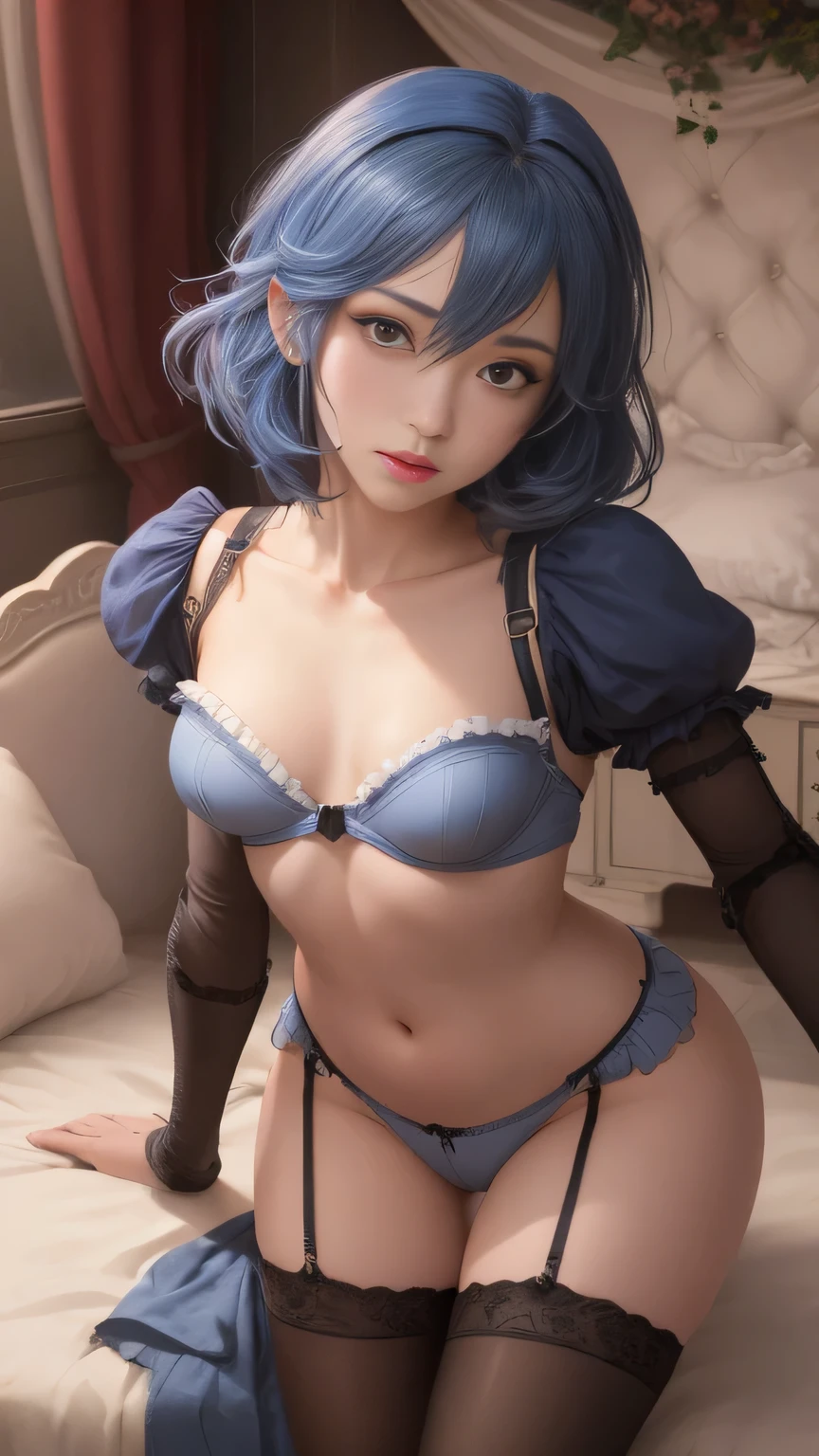 1 girl, Lucina, Fire Emblem, short hair, blue hair, soft, soft light, delicate, frills, small breasts, frilly, ruffles, garters, vagina, no panties, (cum, sex, vibrator), bent over, bed