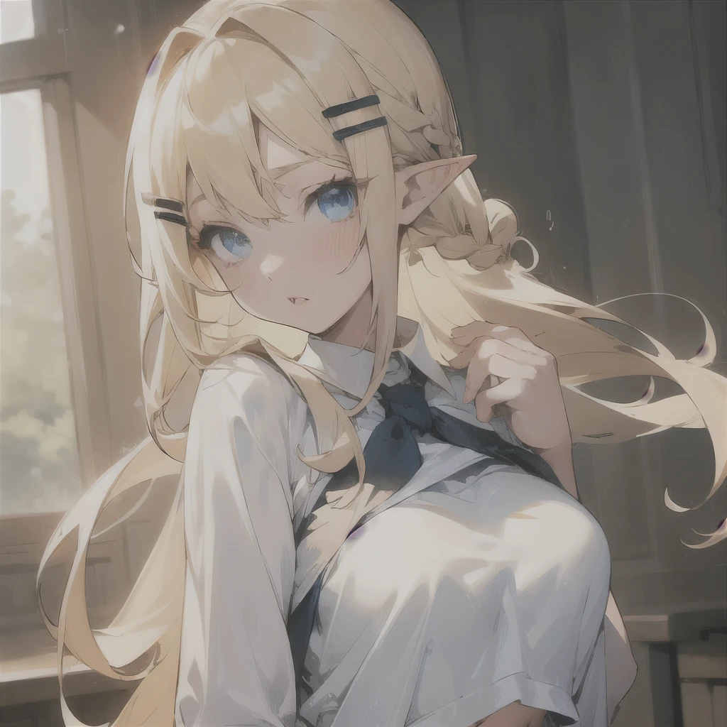 1girl, blonde hair, pointy ears, blue eyes, clothes lift, solo, hair ornament, hairclip, long hair, shirt lift, braid, looking at viewer, lips, lifted by self, horse, upper body, navel, day,white shirt,