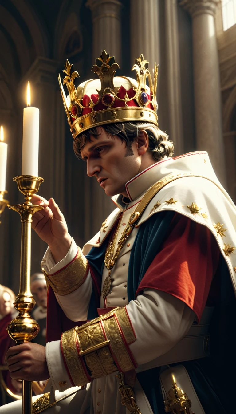 Create an image showing Napoleon Bonaparte dramatically nailing the crown from the pope's hands and crowning himself during a major debate, digital UHD (64k) image, cinematic film still dramatic side lighting, dramatic intense stare closeup portrait,  hdr,  shallow depth of field, vignette, highly detailed, high budget Hollywood film, cinemascope, moody, epic, gorgeous
, Highly detailed and clean, Photorealistic and cinematic masterpiece, professional photography, realistic, realism, 200k , Raytracing and light effect, digital, perfect composition, beautiful detailed intricate insanely detailed octane render trending on artstation, 8 k artistic photography, photorealistic concept art, soft natural volumetric cinematic perfect light, award - winning photograph, masterpiece, raphael, caravaggio, greg rutkowski, beeple, beksinski, giger