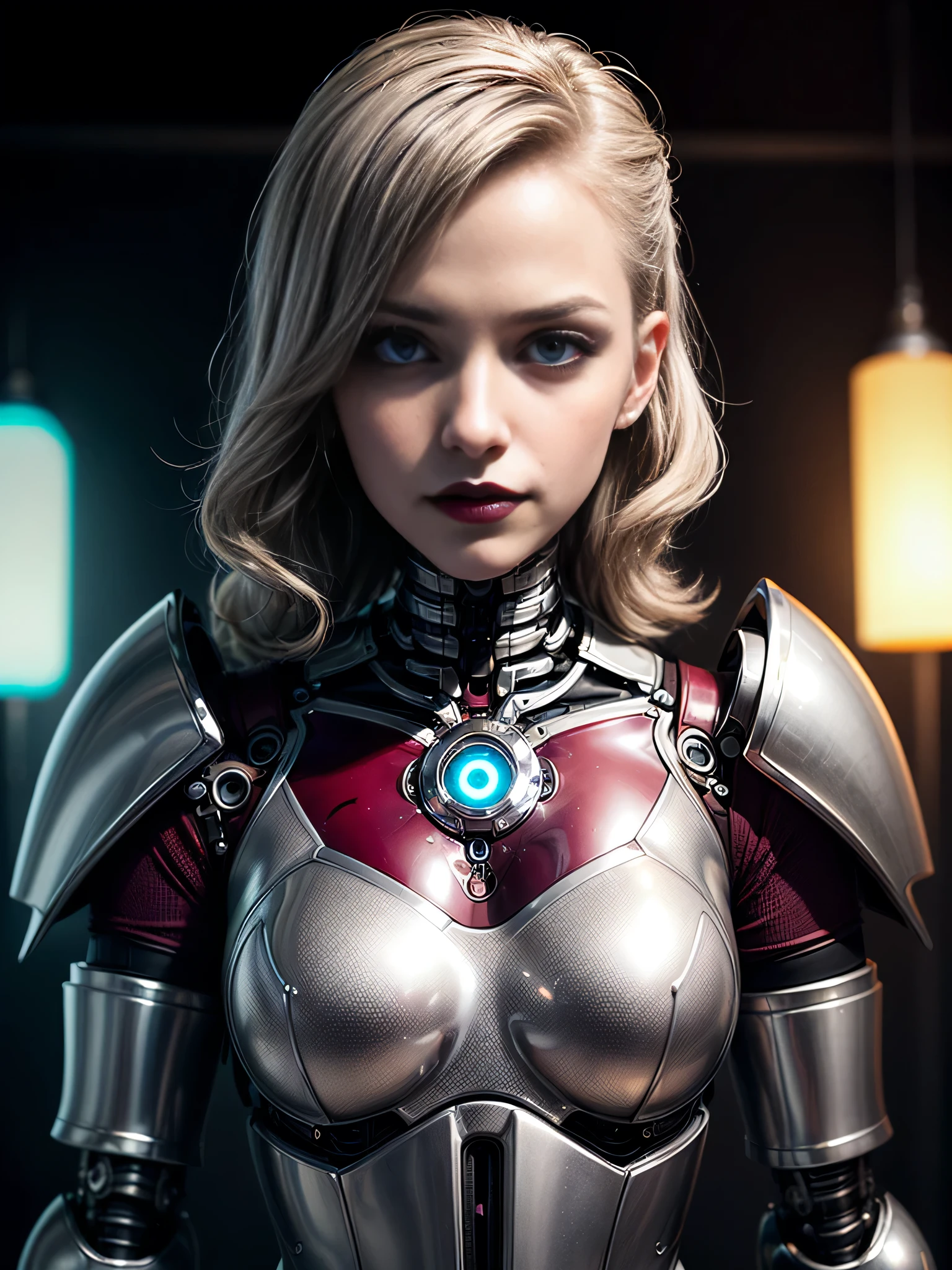 ((best quality: 1.5)) ((masterpiece: 0.8)), intricate details, sharp focus, professional, photorealistic, real life, realistic representation of the face, (((solo, 1girl) muscular mistress, (albino, albino, mysterious expression, black lipstick, ((cyborg, mechanical arms, cybernetic torso))))), bright glow, dynamic pose, dark room, dark background, black background, solo, BREAK; BREAK (((smirking, (blackout gothic eye makeup, cleft chin), wavy dark hair))), (freckles: 0.9), ((fujicolor, film grain)) BREAK; BREAK (((((futuristic gray maroon lacquered chrome armor)), professional lighting, photon mapping, radiosity, physically based rendering, ultra resolution, photorealistic, hyper-realistic)))