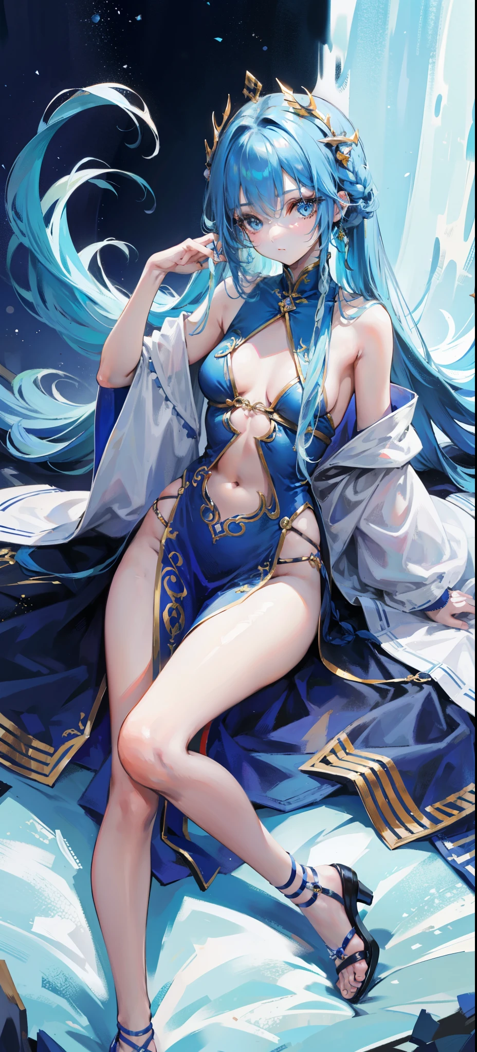 Blue long hair，Scorpion-tailed braids，Put on the clothes of the little dance of Douluo Continent，Is a beautiful and sweet girl Koser，（whole body）